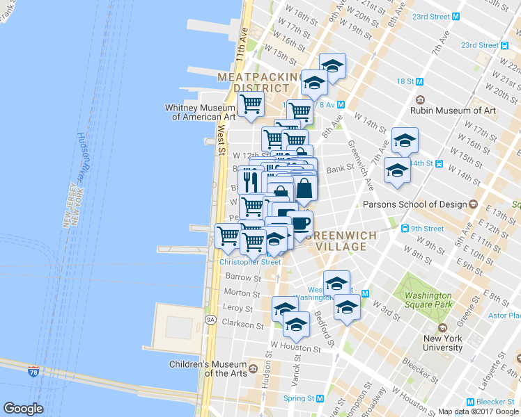 map of restaurants, bars, coffee shops, grocery stores, and more near 316 West 11th Street in New York