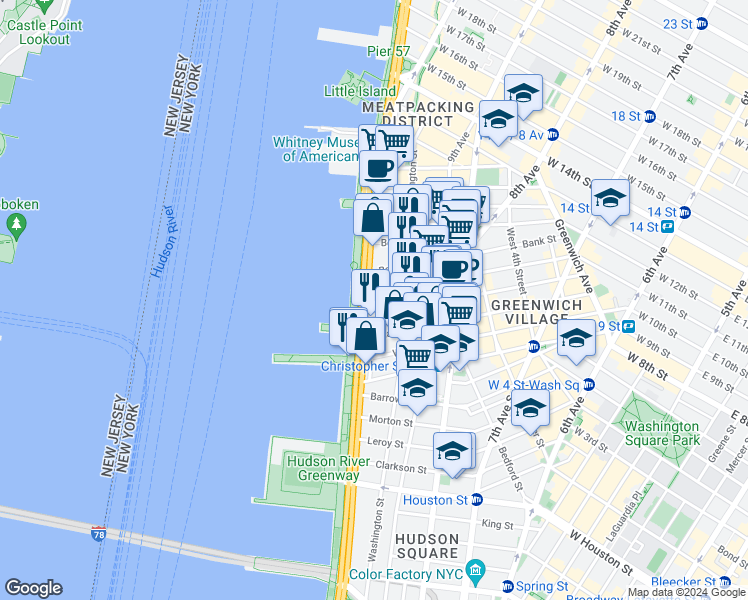 map of restaurants, bars, coffee shops, grocery stores, and more near 377 West 11th Street in New York