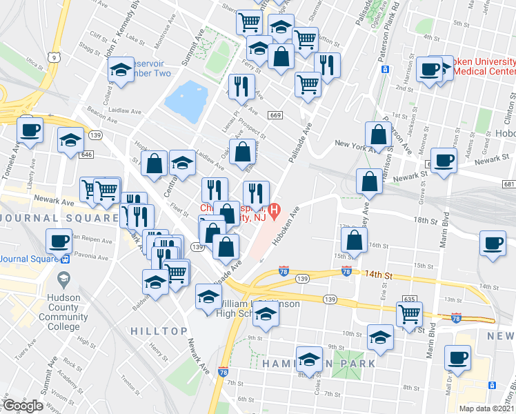 map of restaurants, bars, coffee shops, grocery stores, and more near 13 Laidlaw Avenue in Jersey City