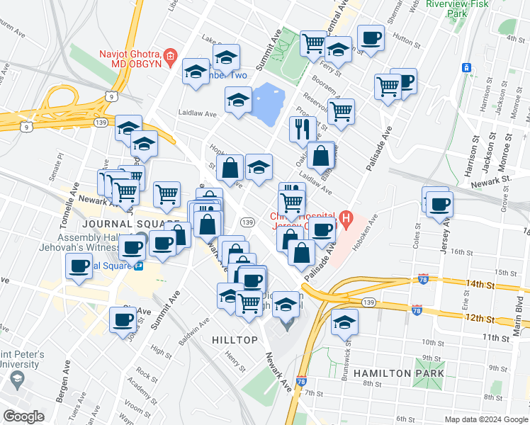 map of restaurants, bars, coffee shops, grocery stores, and more near 87 Oakland Avenue in Jersey City