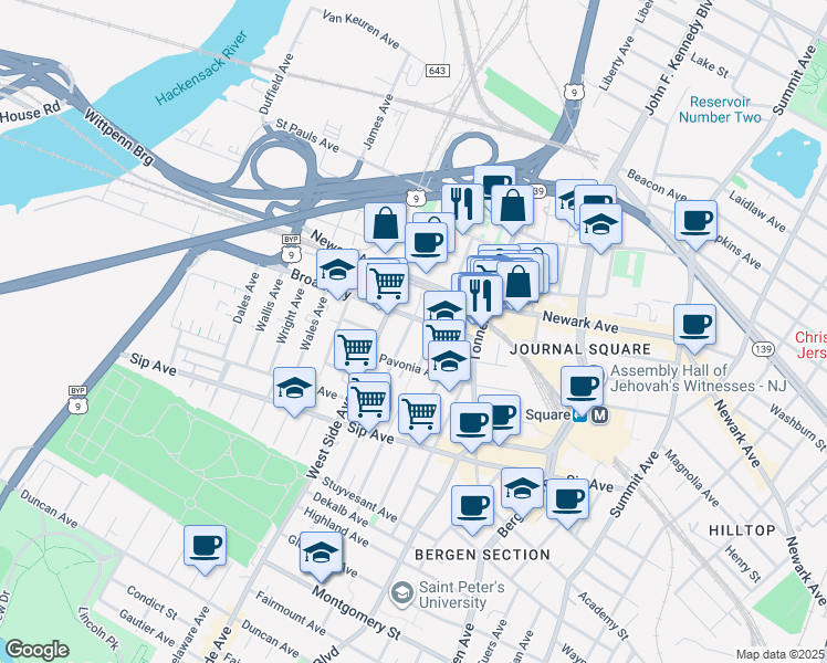 map of restaurants, bars, coffee shops, grocery stores, and more near 53 Broadway in Jersey City