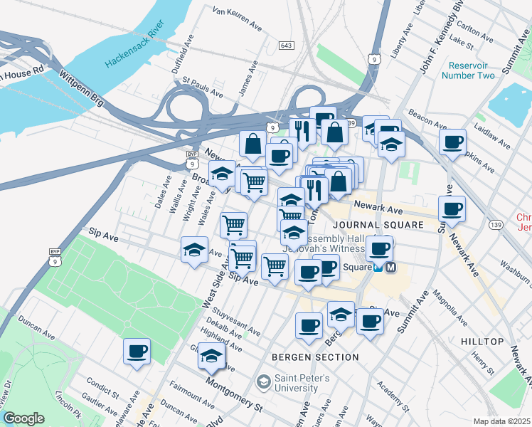 map of restaurants, bars, coffee shops, grocery stores, and more near in Jersey City
