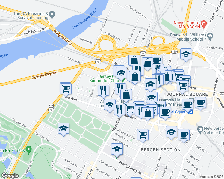 map of restaurants, bars, coffee shops, grocery stores, and more near 49 Wright Avenue in Jersey City