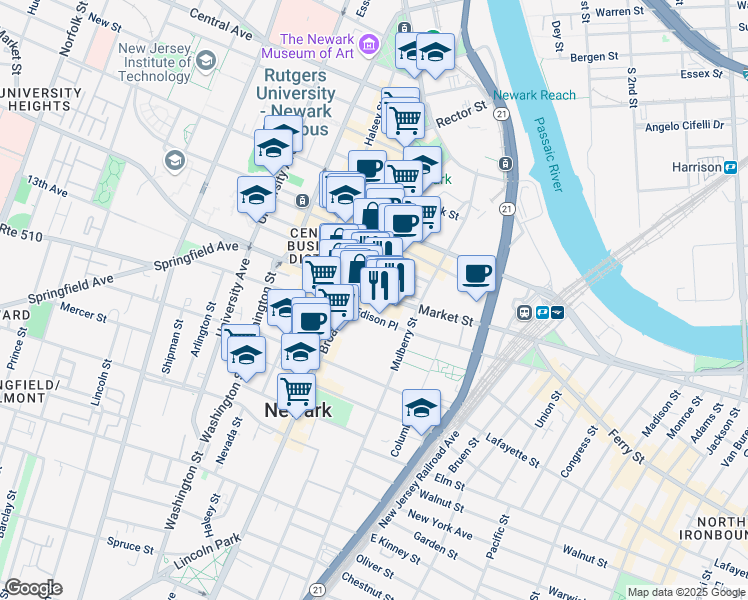 map of restaurants, bars, coffee shops, grocery stores, and more near 111 Mulberry Street in Newark