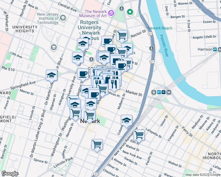 map of restaurants, bars, coffee shops, grocery stores, and more near 796 Broad Street in Newark