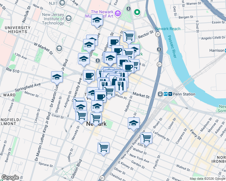 map of restaurants, bars, coffee shops, grocery stores, and more near in Newark