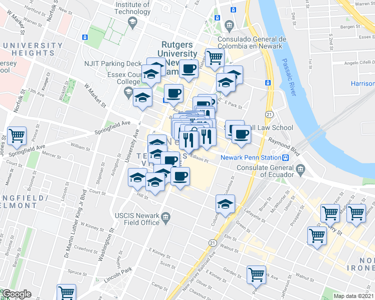 map of restaurants, bars, coffee shops, grocery stores, and more near in Newark