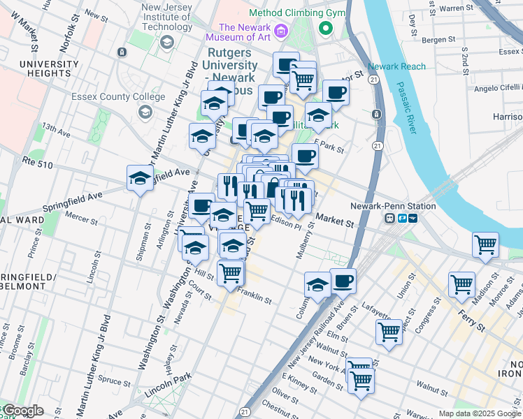 map of restaurants, bars, coffee shops, grocery stores, and more near in Newark
