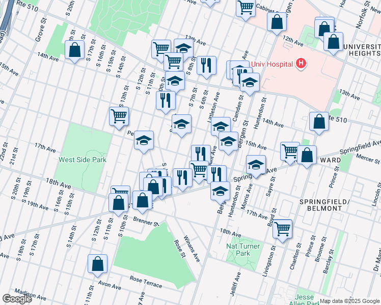 map of restaurants, bars, coffee shops, grocery stores, and more near 370-380 South 7th Street in Newark