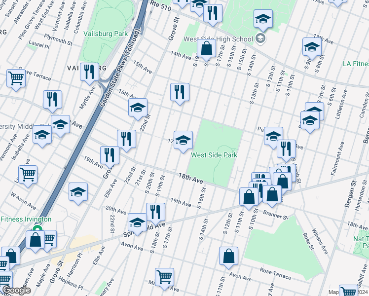 map of restaurants, bars, coffee shops, grocery stores, and more near 291 17th Avenue in Newark