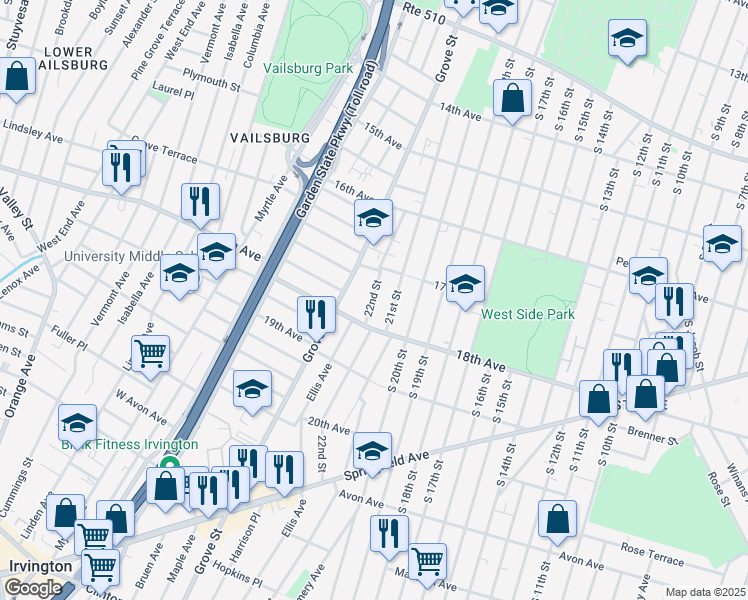 map of restaurants, bars, coffee shops, grocery stores, and more near 202 22nd Street in Irvington