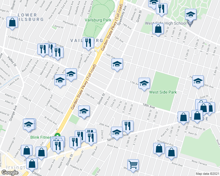 map of restaurants, bars, coffee shops, grocery stores, and more near 648 Grove Street in Irvington