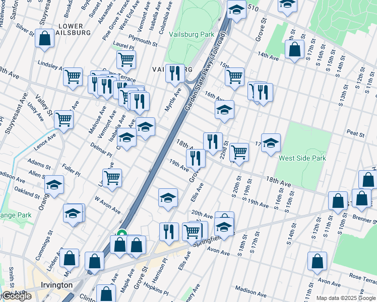 map of restaurants, bars, coffee shops, grocery stores, and more near 724 18th Avenue in Irvington