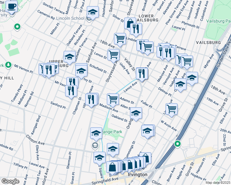 map of restaurants, bars, coffee shops, grocery stores, and more near 17 Crescent Court in Newark