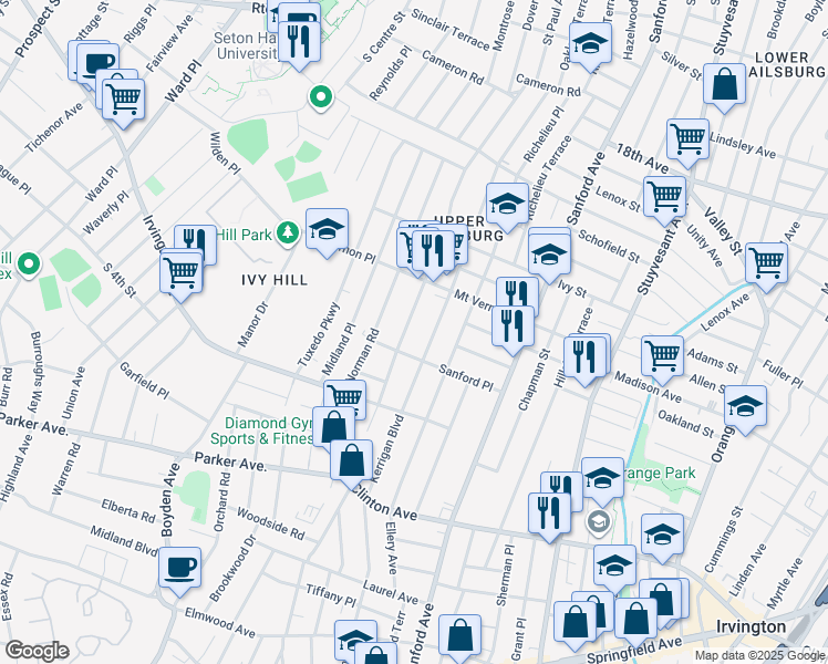 map of restaurants, bars, coffee shops, grocery stores, and more near 311 Kerrigan Boulevard in Newark