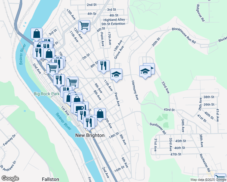 map of restaurants, bars, coffee shops, grocery stores, and more near 1012 Penn Avenue in New Brighton