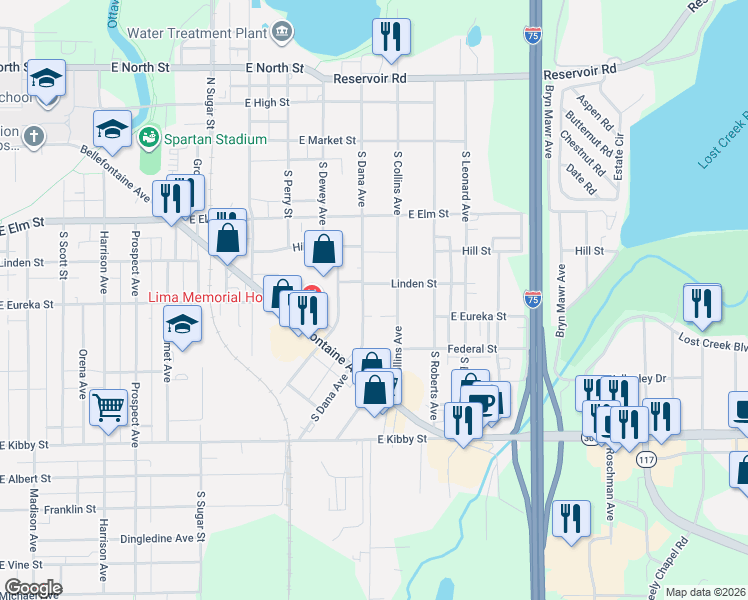 map of restaurants, bars, coffee shops, grocery stores, and more near 401 South Dana Avenue in Lima