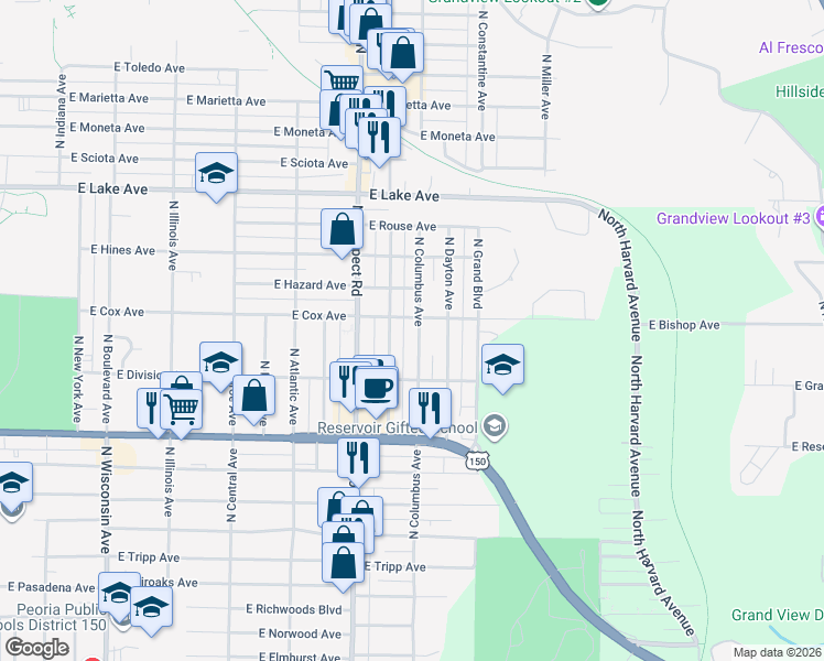 map of restaurants, bars, coffee shops, grocery stores, and more near 1411 East Crestwood Drive in Peoria