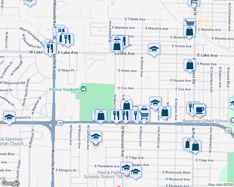 map of restaurants, bars, coffee shops, grocery stores, and more near 600-698 East Cox Avenue in Peoria