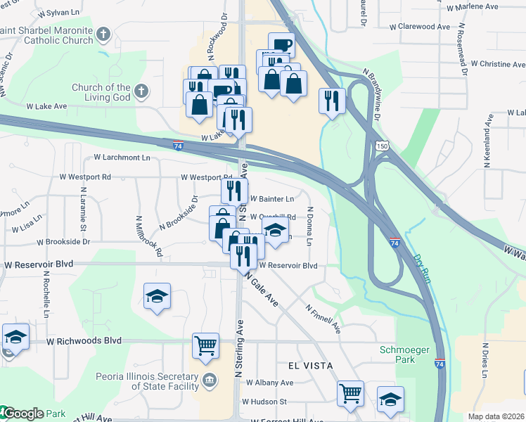 map of restaurants, bars, coffee shops, grocery stores, and more near 2410 West Bainter Lane in Peoria