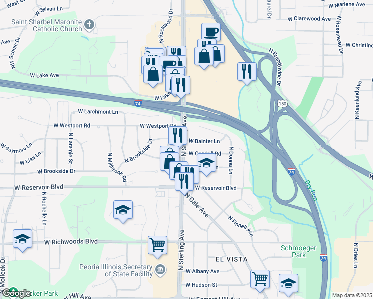 map of restaurants, bars, coffee shops, grocery stores, and more near 2410 West Bainter Lane in Peoria