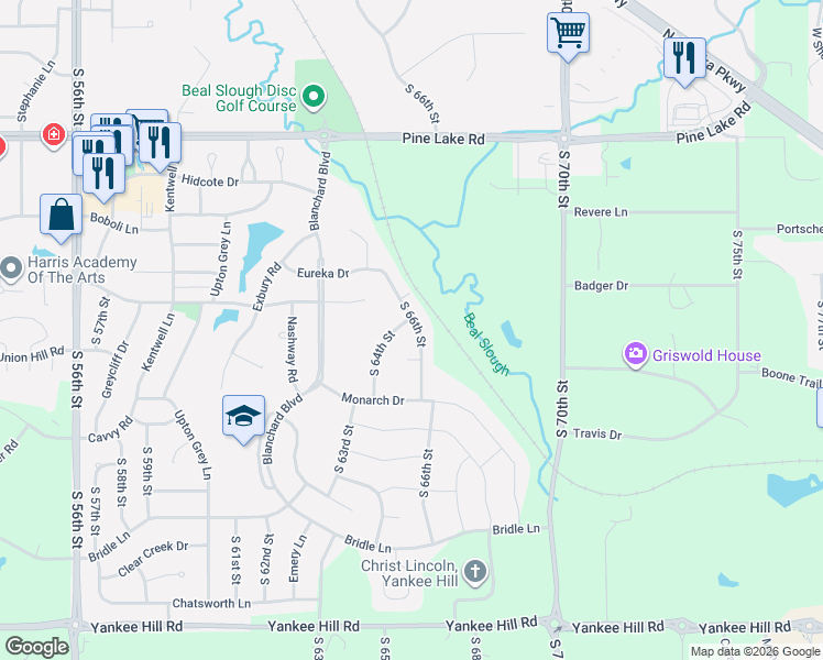 map of restaurants, bars, coffee shops, grocery stores, and more near 7505 South 66th Street in Lincoln