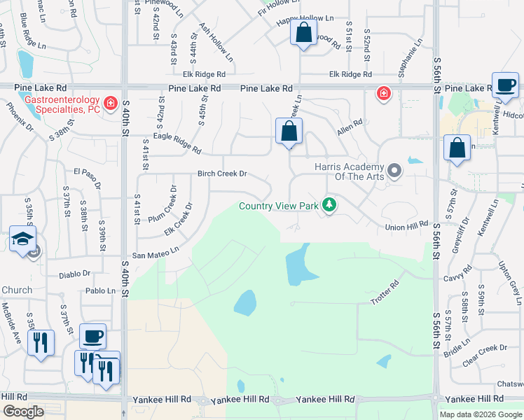 map of restaurants, bars, coffee shops, grocery stores, and more near 4717 Union Hill Road in Lincoln