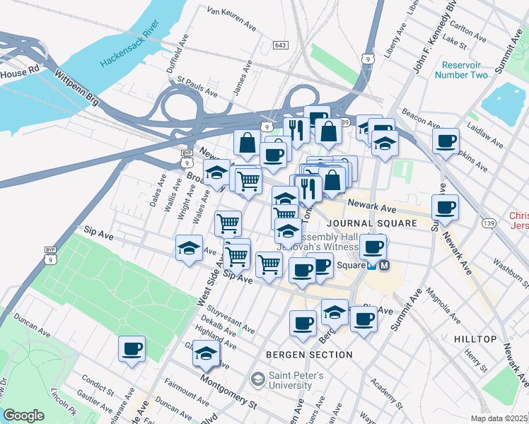 map of restaurants, bars, coffee shops, grocery stores, and more near in Jersey City
