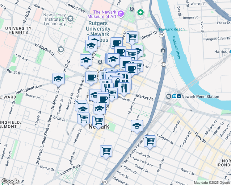 map of restaurants, bars, coffee shops, grocery stores, and more near 796 Broad Street in Newark