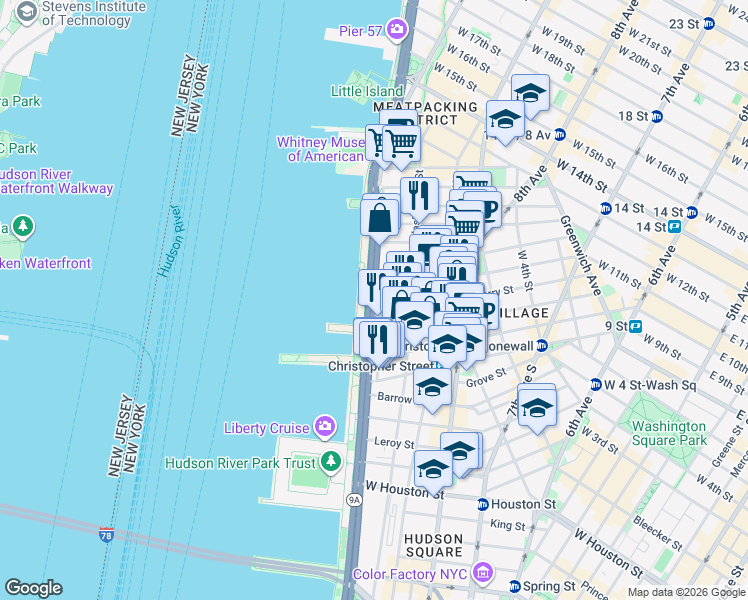 map of restaurants, bars, coffee shops, grocery stores, and more near 377 West 11th Street in New York