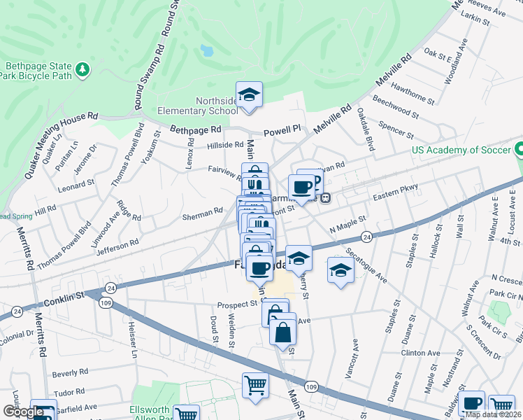 map of restaurants, bars, coffee shops, grocery stores, and more near 40 Division Street in Farmingdale