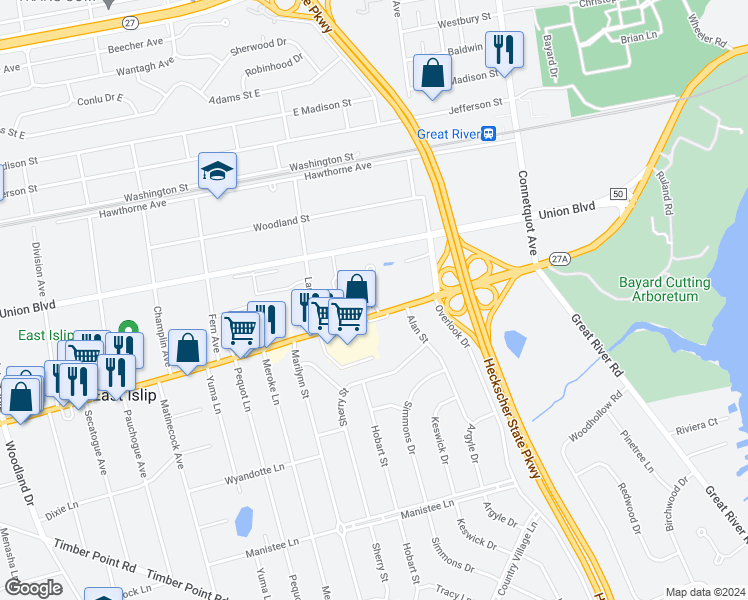map of restaurants, bars, coffee shops, grocery stores, and more near 3 Rose Court in East Islip