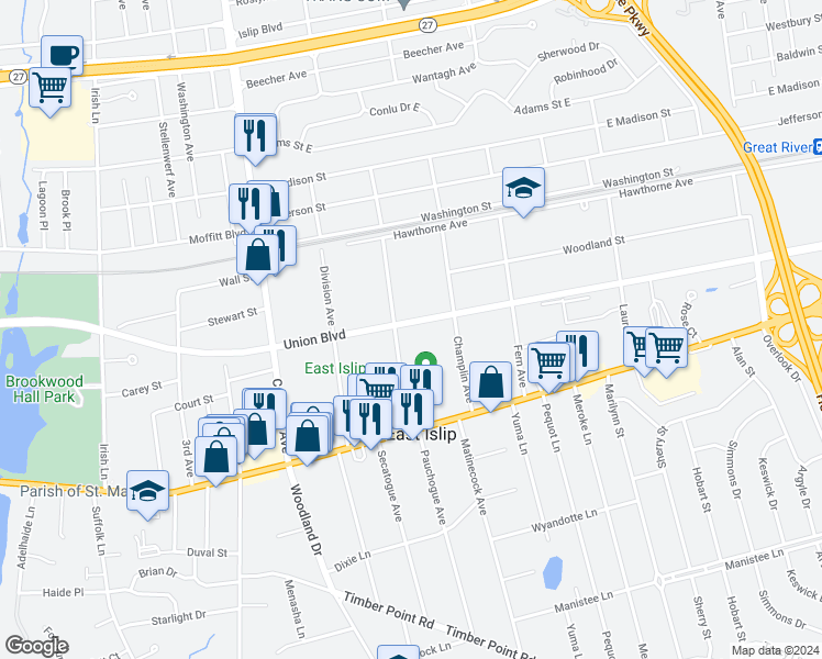 map of restaurants, bars, coffee shops, grocery stores, and more near 3242 Union Boulevard in East Islip