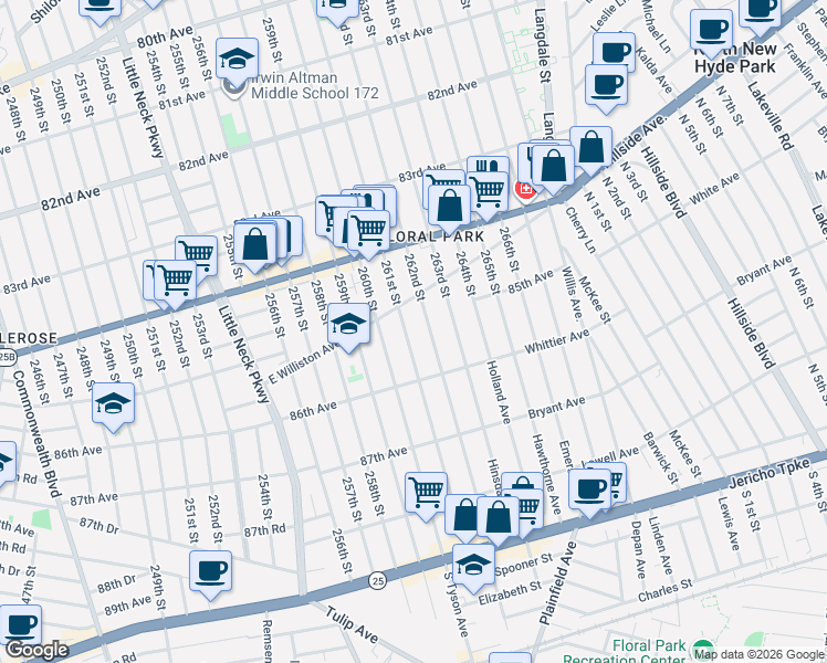 map of restaurants, bars, coffee shops, grocery stores, and more near 85-25 262nd Street in Queens