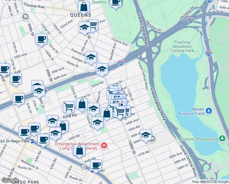 map of restaurants, bars, coffee shops, grocery stores, and more near 108-27 63rd Avenue in Queens