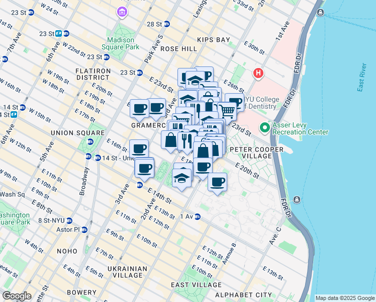 map of restaurants, bars, coffee shops, grocery stores, and more near 320 East 20th Street in New York