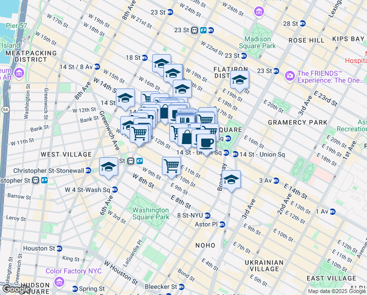 map of restaurants, bars, coffee shops, grocery stores, and more near 66 5th Avenue in New York