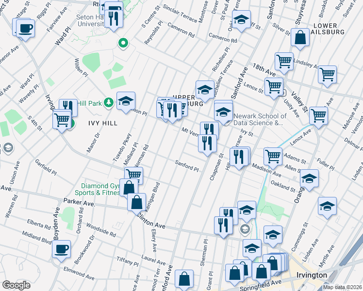 map of restaurants, bars, coffee shops, grocery stores, and more near 244 Ellery Avenue in Newark