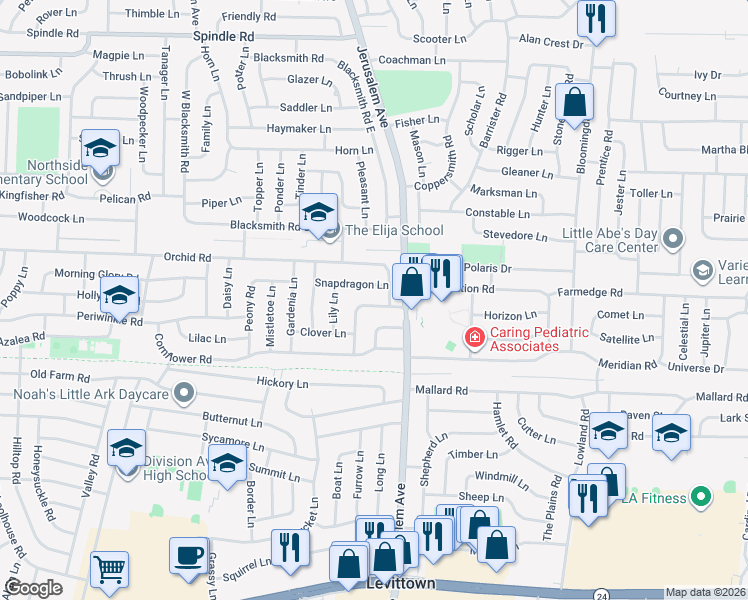 map of restaurants, bars, coffee shops, grocery stores, and more near 42 Snapdragon Lane in Levittown