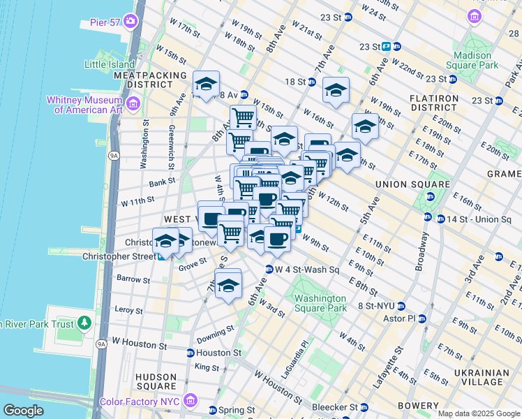 map of restaurants, bars, coffee shops, grocery stores, and more near 9 Charles Street in New York