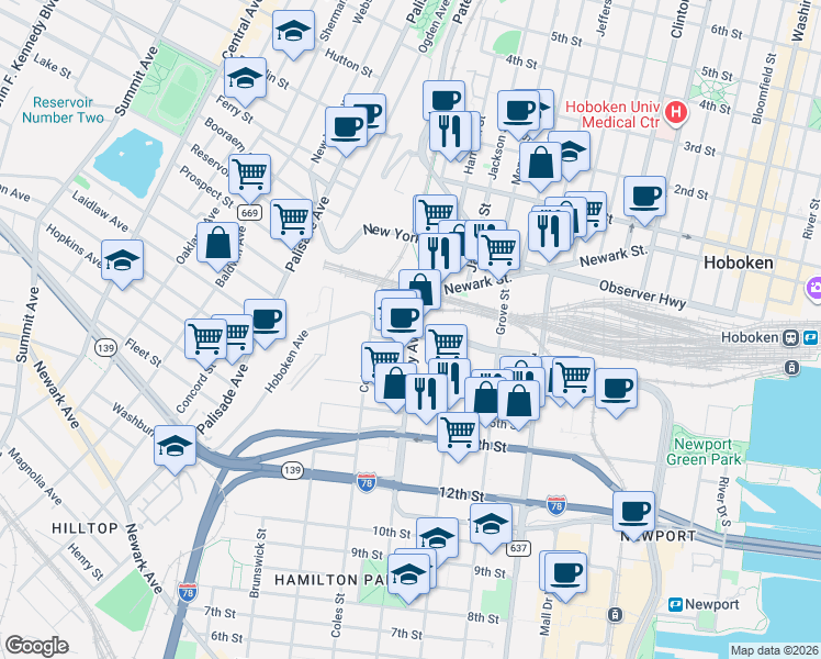 map of restaurants, bars, coffee shops, grocery stores, and more near in Jersey City