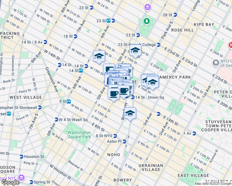 map of restaurants, bars, coffee shops, grocery stores, and more near 19 Union Square West in New York
