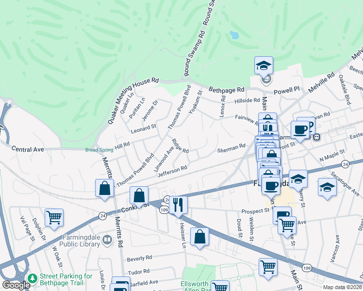 map of restaurants, bars, coffee shops, grocery stores, and more near 49 Ridge Road in Farmingdale