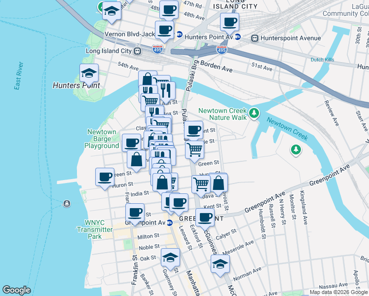 map of restaurants, bars, coffee shops, grocery stores, and more near 187 Eagle Street in Brooklyn