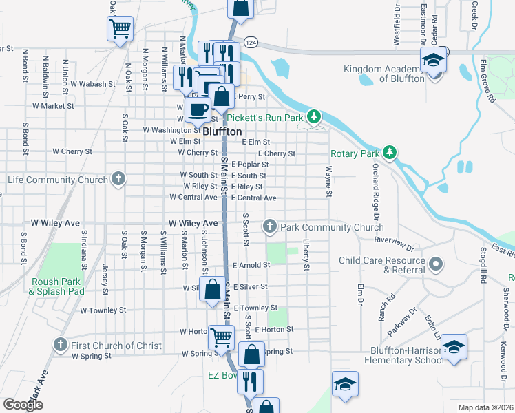 map of restaurants, bars, coffee shops, grocery stores, and more near 220 E Central Ave in Bluffton