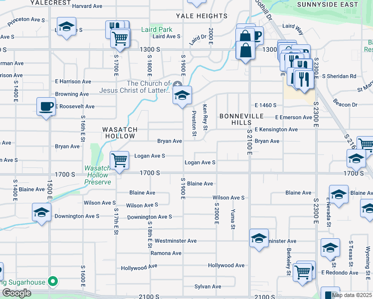 map of restaurants, bars, coffee shops, grocery stores, and more near 1583 South 1900 East in Salt Lake City