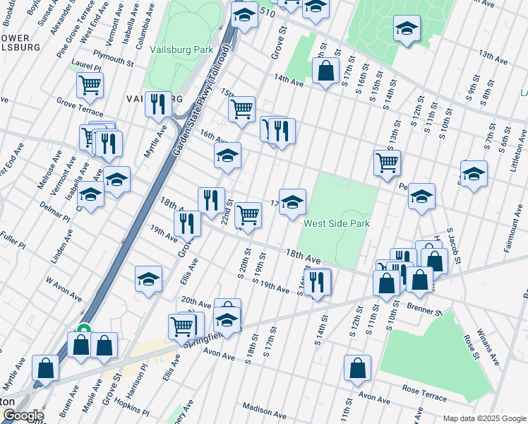 map of restaurants, bars, coffee shops, grocery stores, and more near 617 South 20th Street in Newark