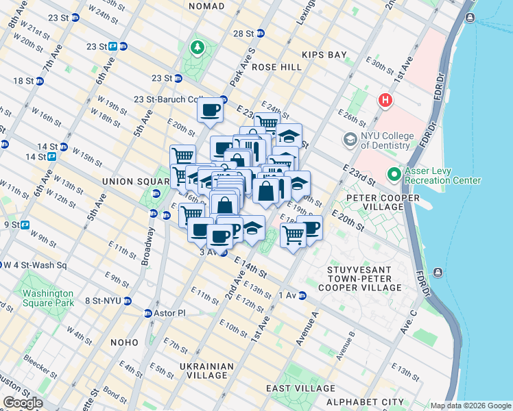 map of restaurants, bars, coffee shops, grocery stores, and more near 211 East 18th Street in New York