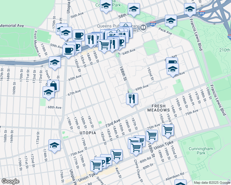 map of restaurants, bars, coffee shops, grocery stores, and more near 67-36A 186th Lane in Queens