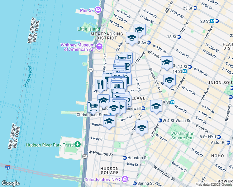 map of restaurants, bars, coffee shops, grocery stores, and more near 316 West 11th Street in New York